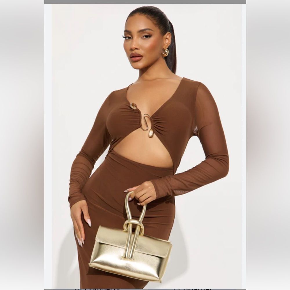Fashion Nova Kristen Mesh Maxi Dress Brown Mesh Long Sleeve Sz Large NWT - Picture 3 of 14